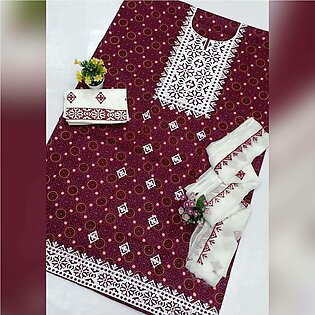 Sindhi Ajrak Aplic Style Embroidered Lawn Cotton 3 Piece Suit