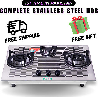 Onlypearl Automatic Hob - Complete Pure Stainless Steel Hob Stove - 3 Burners - Model 830 - Auto Ignition - Gas Type Ng / Lpg