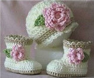 Handmade White And Pink Baby Girls Woolen Booties and Cap