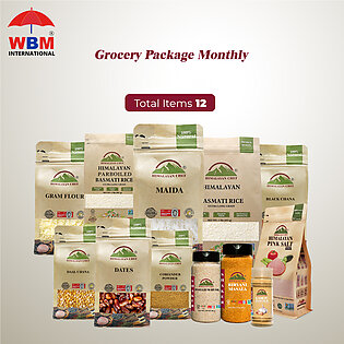 WBM Grocery Bundle - (Pack of 12)-Parboiled Rice-Maida-Irani Khajoor-Besan-Basmati Rice-Black Chana-Daal Chana-Garlic Powder Shaker-Ispaghol-Pink Salt Fine-Coriander Powder-Biryani Masala