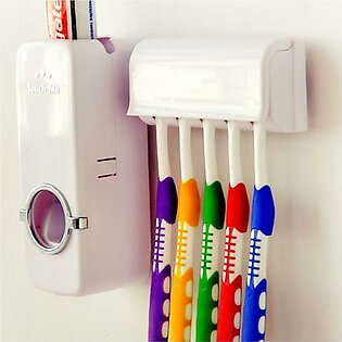 Tooth Paste Dispenser And 5 Piece Tooth Brush Holder Multicolor - 2 In 1 Toothpaste Dispenser