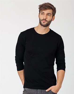 Black Plain Cotton Full Sleeve T-shirt For Men