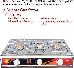 Full Glass Steel 3 Burner Kitchen Gas Stove ( Silver)