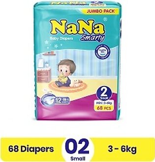 Nana Smarty Diapers - New Jumbo Pack - Small Size 2 - 68 Pcs - 3-6kg