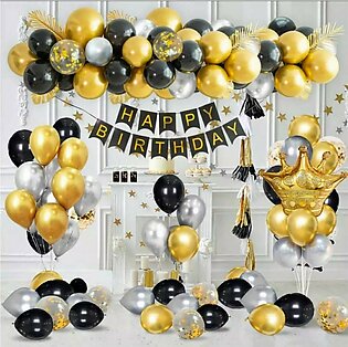 Black Gold Happy Birthday Decoration Theme Set With Black Happy Birthday Card Banner, Dark Colour Metallic Shining Balloons, Stars & Crown Foil Balloons With Filled Confetti Balloons-beautiful Birthday Accessories