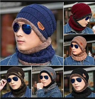 2 Piece Knitting Winter Warm Woollen Beanie Cap Hat & Neck Scarf Set for Fleece Lined Skull Cap for Men Women