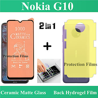 2 in 1 Nokia G10 Ceramic Matte Glass Film Protector Un-breakable Anti-shock 9D 5D 6D 10D 11D 100D 21D Hybrid Film + Back Jelly Protector Soft TPU Hydrogel Film Protection With Sides Coverage For Nokia G10 - Transparent