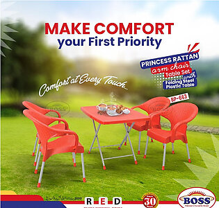 Boss Steel Plastic Princess Rattan Chair With Arms (bp-663) With Steel Plastic Table (bp-214 S)