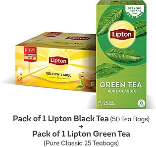 Pack Of 2 Lipton Black Tea Bags 50s & Green Tea Plain 25s