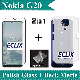 Pack of 2 - Nokia G20 Tempered Glass Screen Protector 2.5D Polish Glass Guard + Back Matte Protector Anti-Slip Soft Skin Sheet Film Protection Carbon Fiber With Sides Cover For Nokia G20- Transparent
