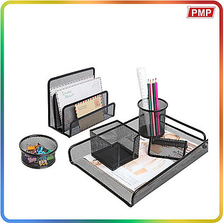 Office Table Stationery Table Set 6 In 1 Desk Organizer Table Set Pen Stationery Holder Stand & Letter Tray Tier Metal Mesh