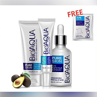 Bioaqua 3 Pcs Anti Acne Removal Face Care Acne Treatment Set Acne Set Acne Serum Acne Cream And Acne Cleanser, 100g+30g+30g
