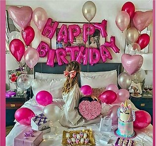 13 Letter Happy Birthday Foil Balloon In Pink Color, 6 Pink Heart Foil Balloons, 50 Pink And 50 Grey Latex Balloons