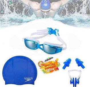 Set Of 3 - Swimming Glasses Goggles Swim Cap Ear Plugs Nose Clip Anti-fog Uv Protection