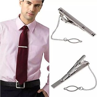 New 2023 Design Tie Pin, Tie Clip With Chain Silver