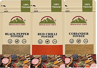 Pack Of 3- Himalayan Chef Black Pepper Powder - 100 G | Coriander Powder - 100 G, Red Chilli Powder - 100 G