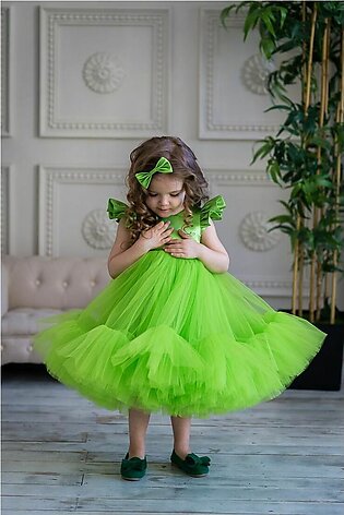 Customize Ruffules Frock For Girls In Green Colour