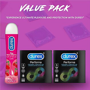 Durex Pack Of 3 - Durex Play Cherry Lube Water Based Lube 50ml + Durex Performa Long Lasting Timing Condoms 3's X 2