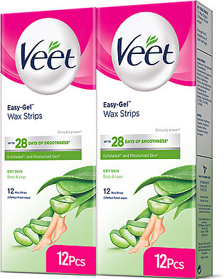Veet Easy Gel Wax Strips For Body And Legs Dry Skin With Aloe Vera And Green Tea Scent 12 Wax Strips - Pack Of 2