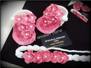 Crochet Woolen Hanmade Shoes And Headband For Baby Girl / Newborns Crochet Items / Babies Accessories
