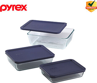 PYREX Rectangular Glass Food Storage Container Set with Blue Lids 6-piece