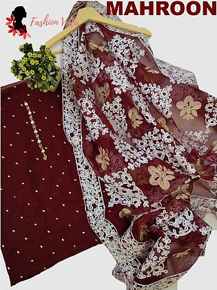 Fashion Vista 3 Pcs Organza Aari Work Unstitched Dress With Chiffon Handwork Shirt & Banarsi Trouser - Mahroon