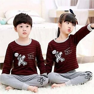 Maroon Aeroplane Baby Baba Funny Cartoon Printed Design Full Sleeves Style Kids Night Suit T-shirtand Pajama For Girls And Boys