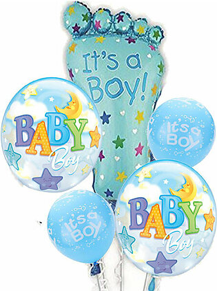 Jumbo Size Baby Boy Foot Foil Balloons 5 Pcs Set With 2 Baby Boy Round Foil Balloons & 2 Its A Boy Latex Printed Balloons