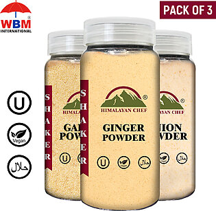 Pack Of 3 Himalayan Chef Garlic Powder Plastic Shaker -180 G | Onion Powder - 180 G, Ginger Powder - 160 G