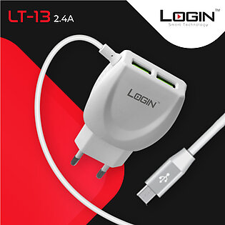LOGIN LT-13 Home Charger -  Dual USB Port Mobile Charger- Fast Charger Type C - Imported | 2 in 1 Charger For IOS & All Android Smartphones - Tablets