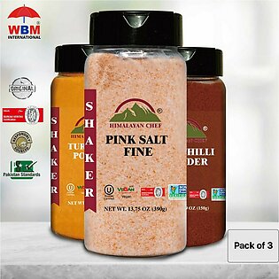 (Pack of 3) Himalayan Pink Salt Fine (354 G) , Red Chilli Powder (160 G) and Turmeric Powder (180 G) Plastic Shaker | Export Quality Spices & Imported Packaging
