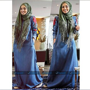 Tarseel - Both Sleeves Embroidered Denim Abaya With Pockets - Stylish Designer Turkish Abaya With Embroidery On Sleeves