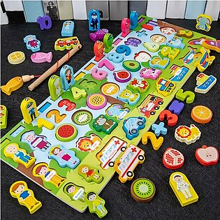 7 in 1 Logarithmic Board Wooden Blocks Puzzle Fishing Board Toy Education for Kids