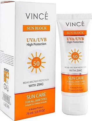 Vince Sun Block UVA & UVB High Protection SPF-50 With Zinc Sun Care, For All Skin Types, 75ml