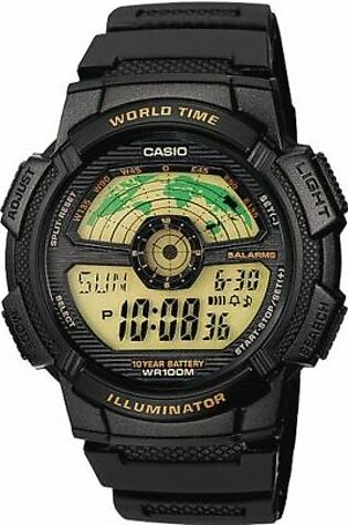 Casio Youth Series Black Illuminator Digital World Time Men's Watch, Resin Strap, AE-1100W-1BVDF