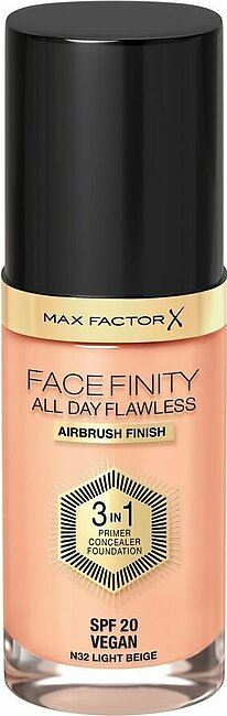 Max Factor Facefinity All Day Flawless Airbrush Finish, 3-In-1 Foundation, N32, Light Beige