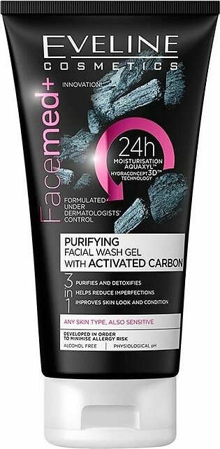 Eveline Facemed+ 3-In-1 Purifying Facial Wash Gel, With Activated Carbon, Alcohol Free, All Skin Types, 150ml