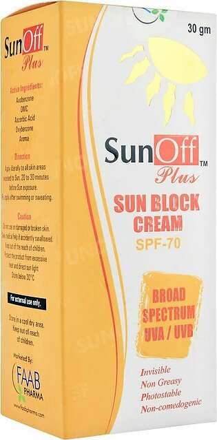 Sun Off Plus Sun Block Cream, SPF 70, Broad Spectrum UAV/UVB, 30g