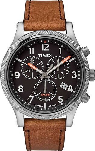 Timex Men's Silver Round Dial With Brown Strap Chronograph Watch, TW2T32900