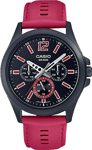 Casio WR-50M Men's Black Round Dial & Red Strap Chronograph Watch, MTP-E350BL-1BVDF