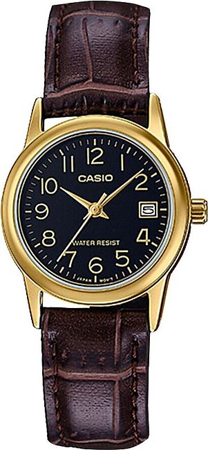 Casio Men's Golden Round Dial With Textured Brown Strap Analog Watch, LTP-V002GL-1BUDF