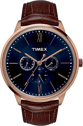 Timex Men's Rust Gold Round Dial With Navy Blue Background & Textured Brown Strap Chronograph Watch, TW2T24100