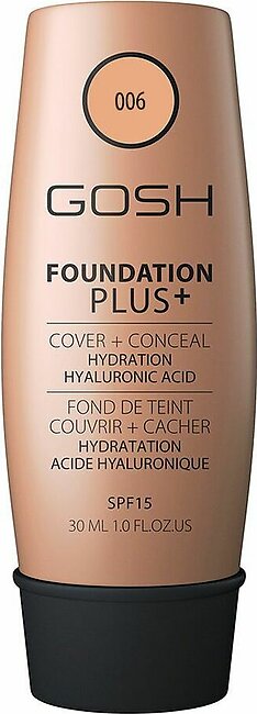 Gosh Foundation Plus, Cover+Conceal Hydration Hyaluronic Acid, 006 Honey, 30ml
