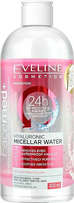 Eveline Facemed+ 3-In-1 Hyaluronic Micellar Water, Alcohol Free, 400ml