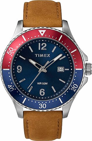 Timex Men's WR50M Red & Blue Round Dial With Plain Brown Strap Analog Watch, TW2U29200
