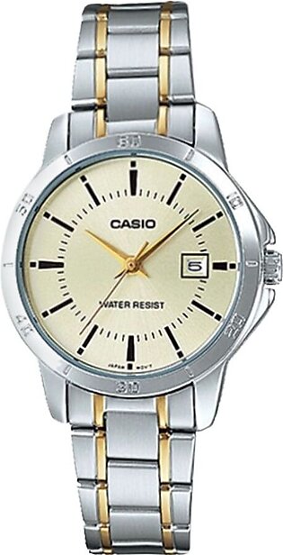 Casio Men's Chrome Round Dial With Two Tone Bracelet Analog Watch, LTP-V004SG-9AUDF