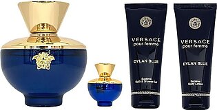 Versace Dylan Blue Pour Femme Perfume Set For Women, EDP 100ml + EDT 5ml + Body Lotion + Shower Gel