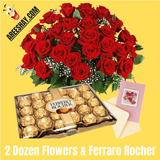 TWO DOZEN FRESH FLOWERS AND FERRERO ROCHER