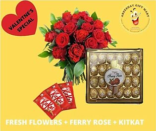RED ROSES ONE DOZEN FRESH FLOWERS FERRY ROSE AND KITKAT CHOCOLATES COMBO GIFTS