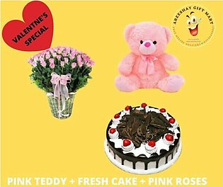 PINK TEDDY AND PINK ROSES AND CAKE